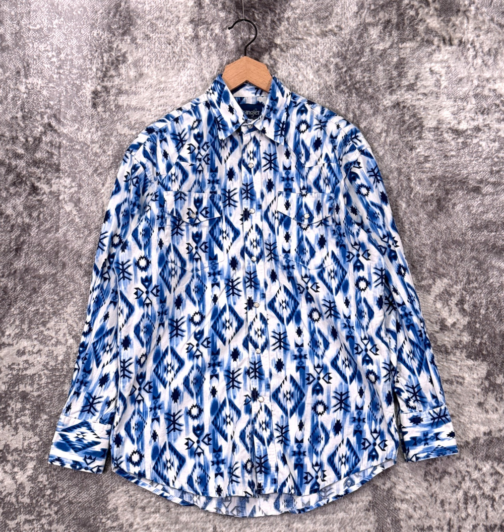 Vintage Wrangler Pearl Snap Shirt Medium Mens Blue Aztec Western Brushpopper